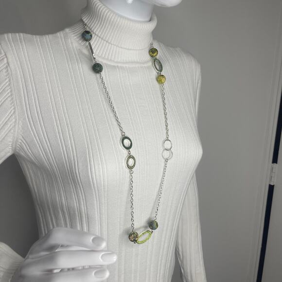 Viva Beads silver necklace silver tone green clay beads signed chunky beaded - Picture 7 of 11